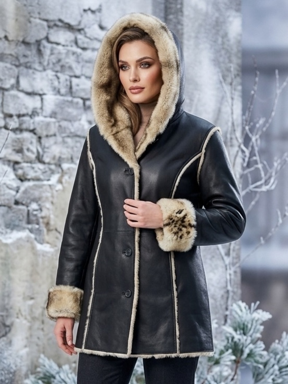 Dennis Basso Black Faux Leather Jacket with Beige Fur lining & Trim 2X